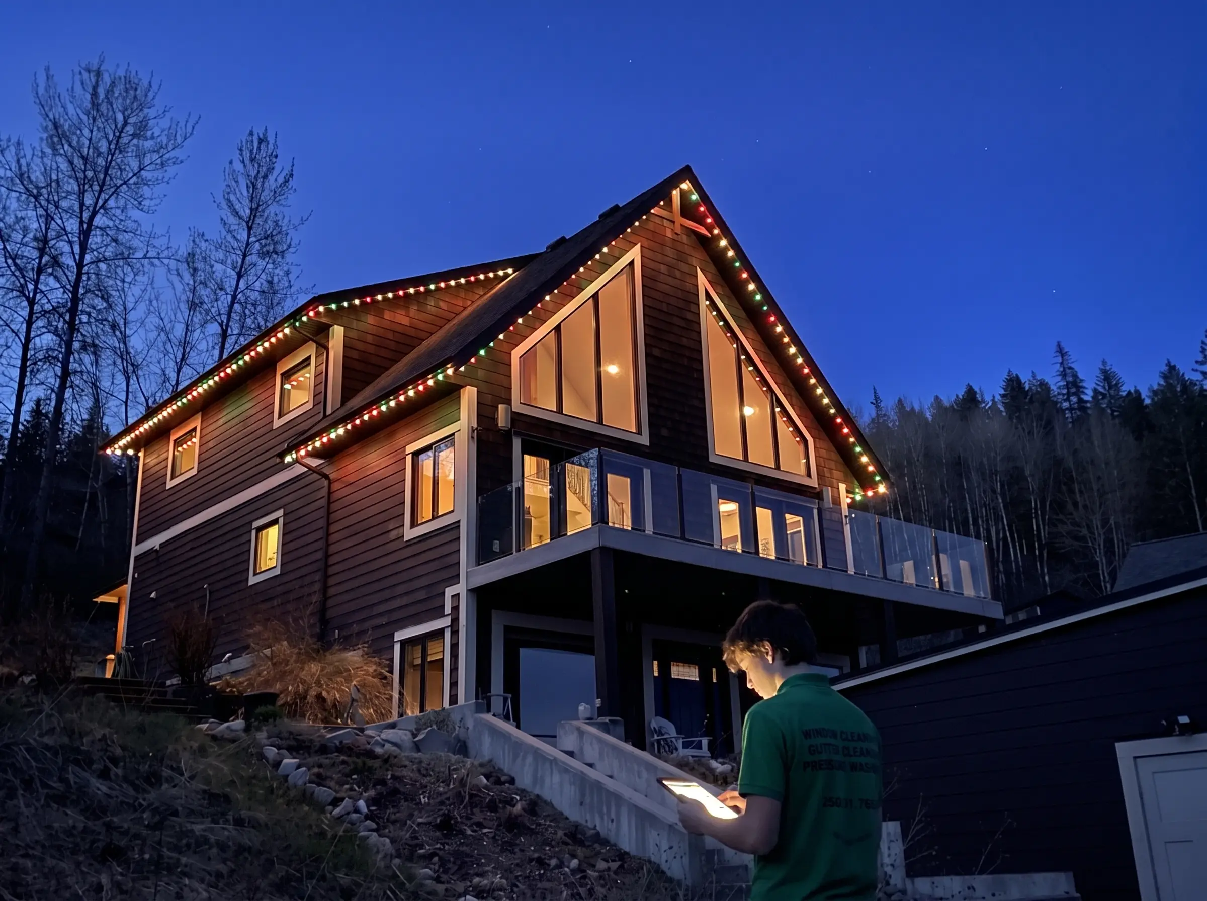 Festive permanent LED roofline lighting at night, tech adjusting colours from a tablet