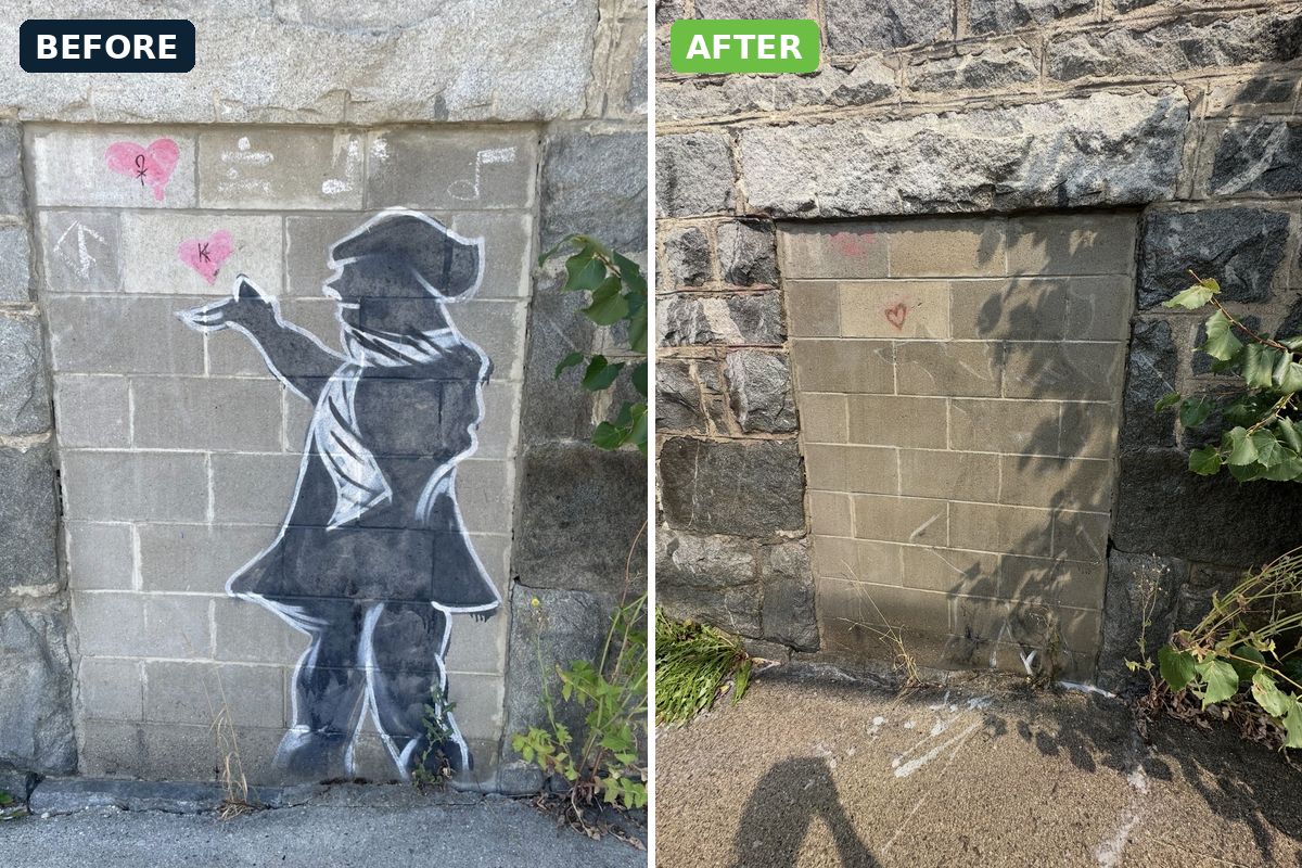 Graffiti before and after removal on a block wall in the Kootenays