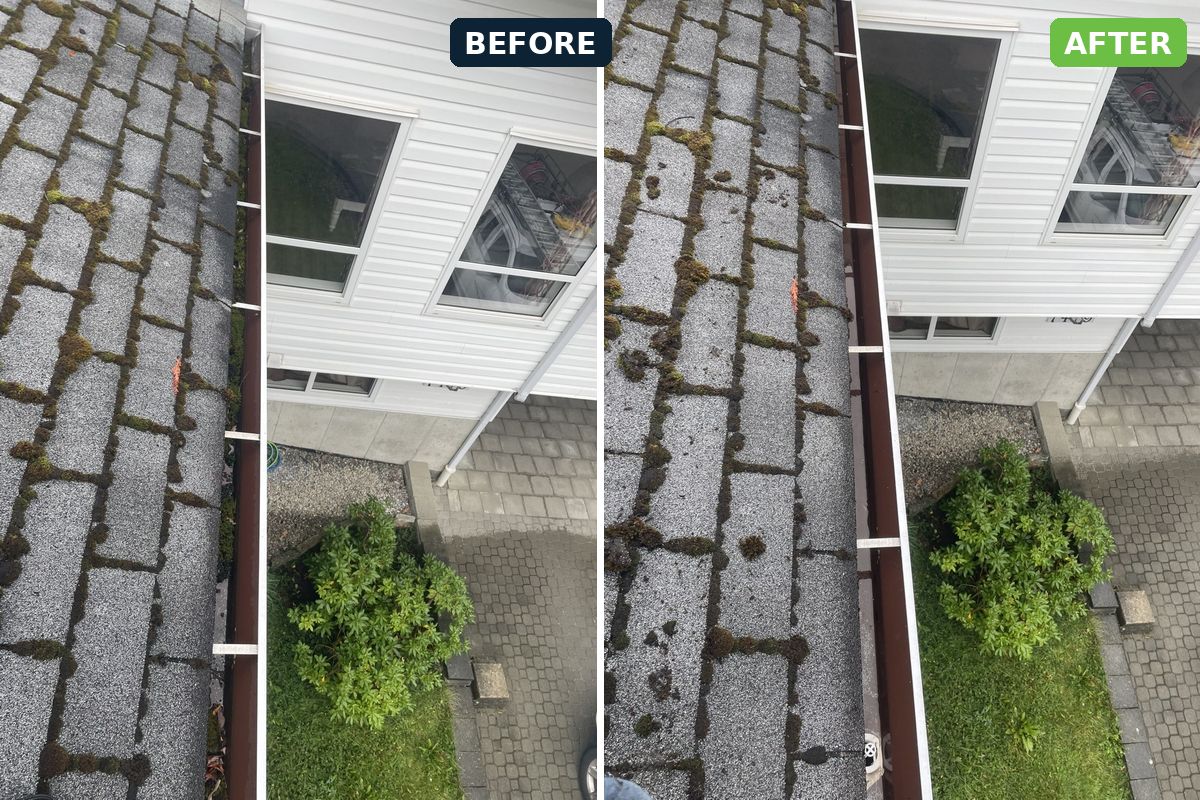 Gutter before and after cleaning on a Kootenay home