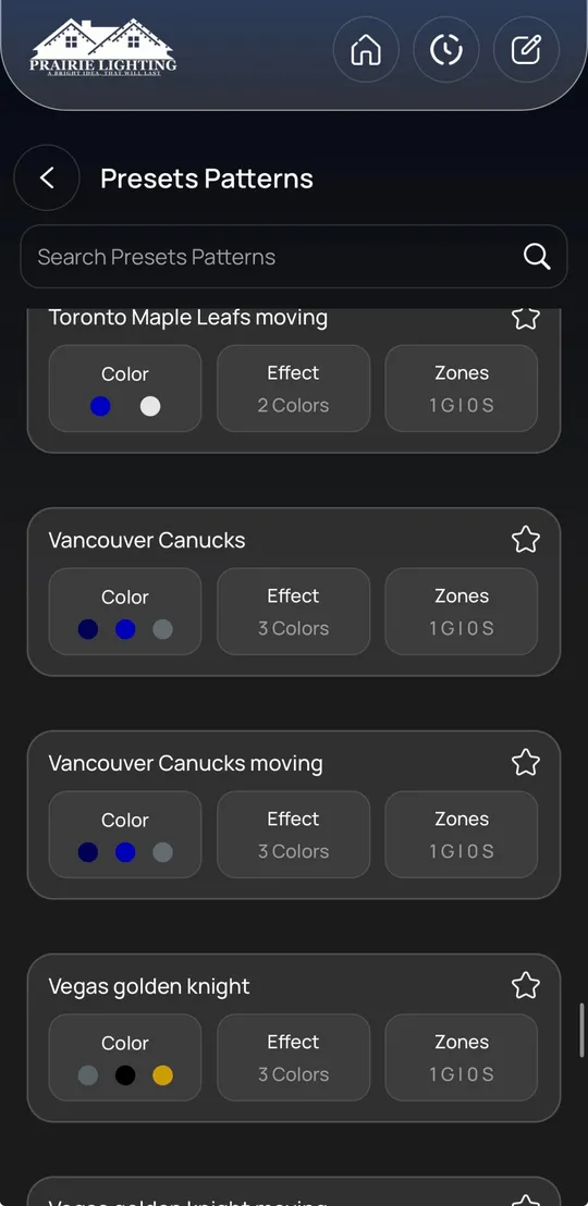 Prairie Lighting app: Team colours
