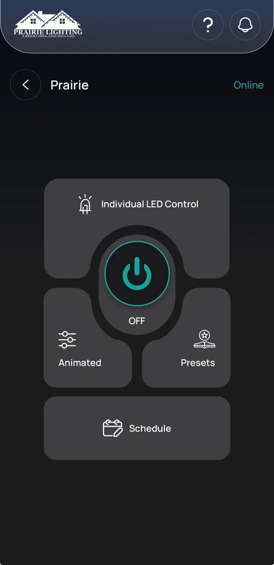 Prairie Lighting app: Power and modes