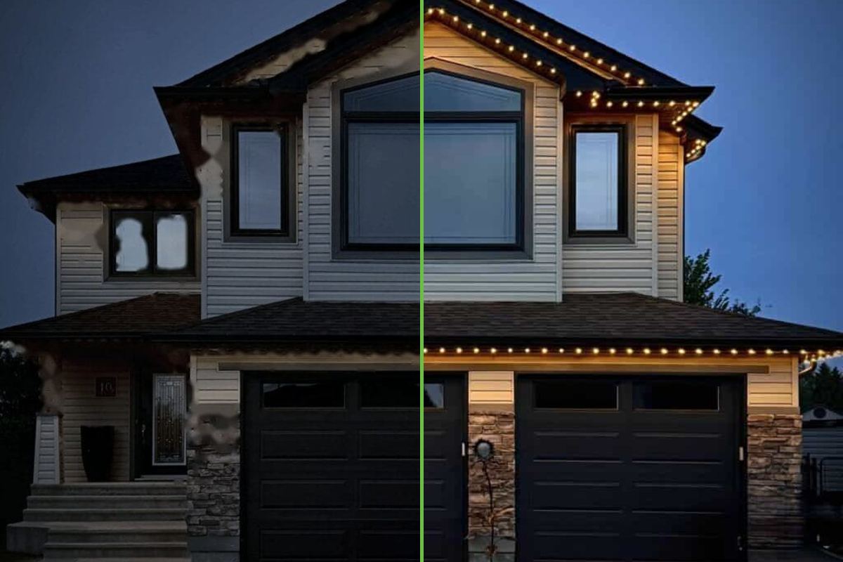Example design mock-up of a home with lights off and on