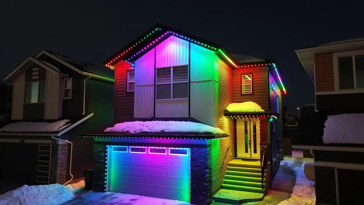 Two-storey home with multicolour permanent LED pixels along every roofline