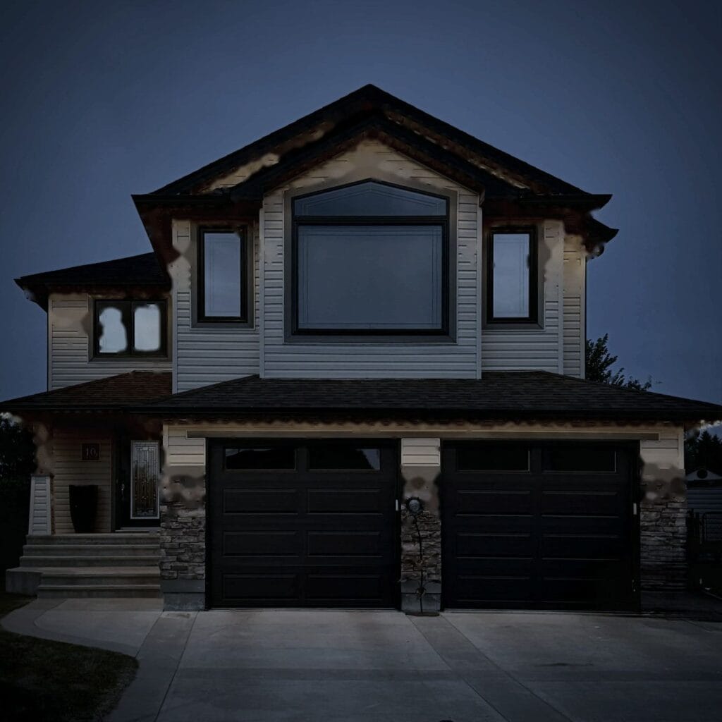 Two-storey home at dusk with permanent lighting off